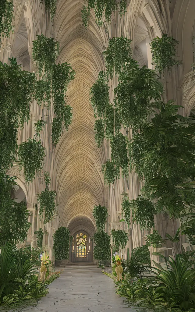 Image similar to beautiful grand cathedral interior with koi! pond!! in the! middle! surrounded by palm trees, ivy, flowers!!, tropical plants, roses!!, and with archways, rendered in octane render with photorealistic volumetric cinematic lighting, wide angle, horizontal symmetry, symmetrical! 8 k