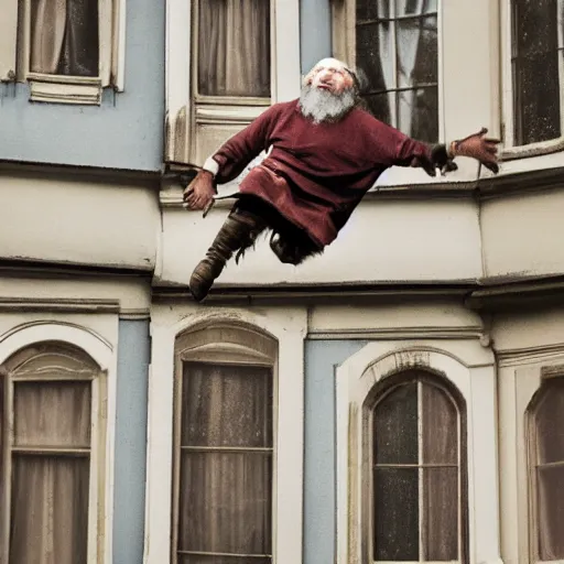 Image similar to some dwarfs are making some backyard somersault from a balcony, photography