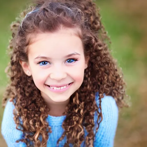 Prompt: high quality portrait photograph of a cute little girl with brown curly hair and blue eyes, smiling