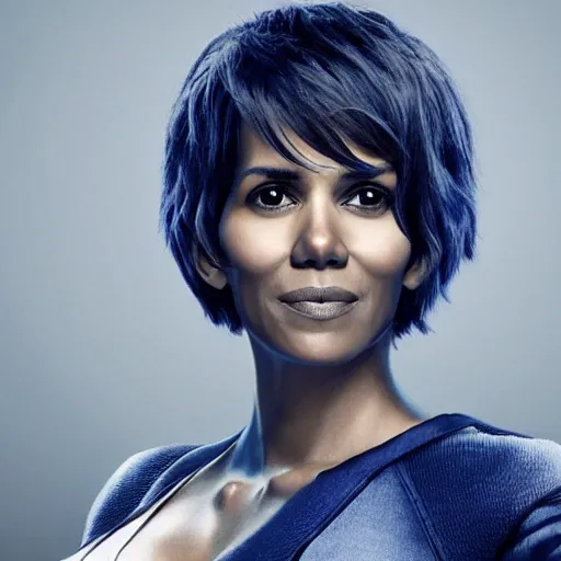 Image similar to an anthropomorphic blueberry with the face of halle berry