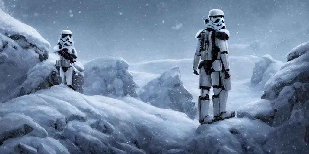 Prompt: star wars snowtrooper on a snowy mountain top, greg rutkowski, 8 k, shallow depth of field, intricate detail, concept art,