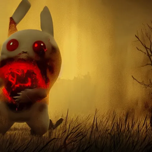 Prompt: 3 d realistic bloody pikachu eating a survivor from the game dead by daylight, dark lighting and heavy fog, videogame screenshot of mori animation