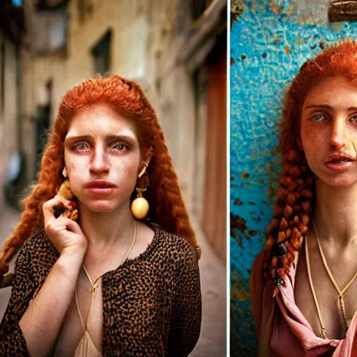 Prompt: beautiful 1 9 th century barbary coast pirate female models with ginger hair and golden hooped earrings photography by steve mccurry