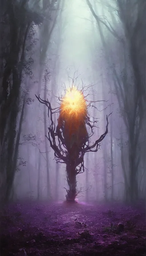 Prompt: Hyper realistic oil painting of a future sci-fi ancient god on the middle of a purple forest holding a portal that's about to explode, fog, volumetric lighting, nighttime, moonlight, insane, creepy, by Greg Rutkowski