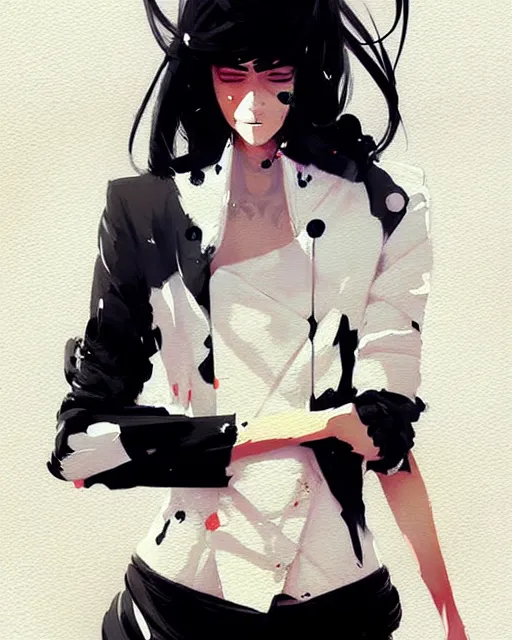 Image similar to a ultradetailed painting of a stylish woman wearing a white jacket with black skirt, by conrad roset, greg rutkowski and makoto shinkai trending on artstation