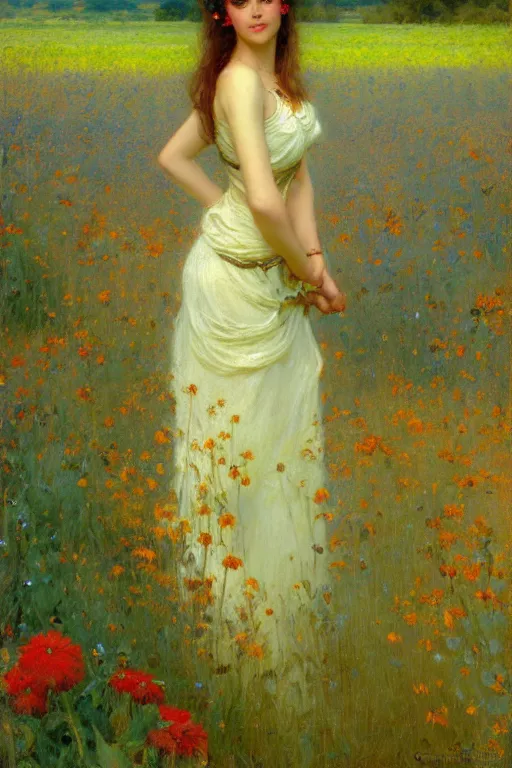 Image similar to attractive woman in flower field, painting by gaston bussiere, craig mullins, j. c. leyendecker, ghibli style