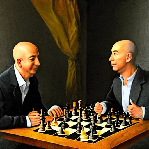 Image similar to jeff bezos with robin wiiliams playing chess looking wise, rococo oil painting, highly detailed