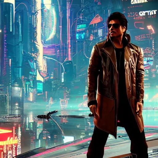 Image similar to full-frame of Shah Rukh Khan, wearing a brown leather-jacket, as a character from Cyberpunk 2077, looking at camera, intricate, sci-fi, extremely detailed, in the background cyperpunk-2077-city, concept art, artstation