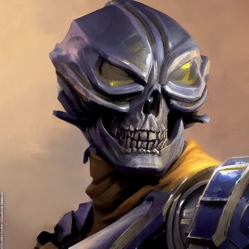 Prompt: greg manchess portrait painting of partially armored powerful skeletor overwatch character, medium shot, asymmetrical, profile picture, organic painting, sunny day, matte painting, bold shapes, hard edges, street art, trending on artstation, by huang guangjian, gil elvgren, ruan jia, greg rutkowski, gaston bussiere