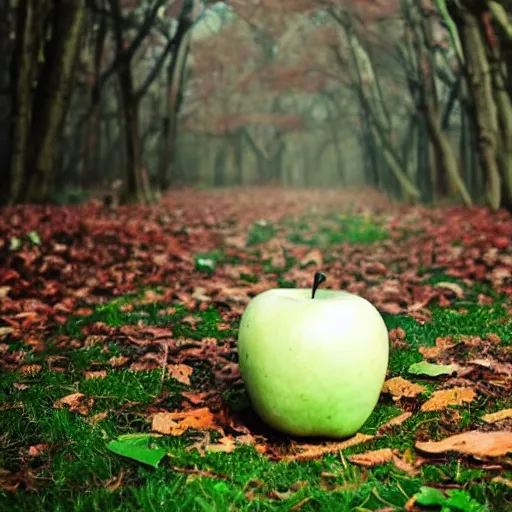 Image similar to apple sitting on the ground in a haunted forest