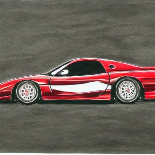 Image similar to pen ink drawing black red 1999 FD RX-7 front side view dynamic racing motion blur Shuichi Shigeno and Michiharu Kusunoki flat drawing two tone color black background dark simple shading