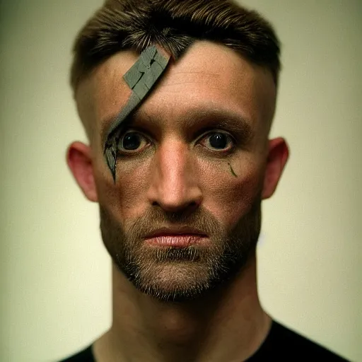 Prompt: HD photorealistic portrait of Alasdair 'Balor' Quinn, a 33-year old man with short cropped hair and a square jaw. Has a goetic aesthetic. Alasdair is a modern day warlock of the Mastigos Path. portrait by Annie Liebovitz and Steve McCurry.