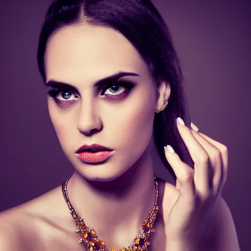 Image similar to Photo of a hand Jewellery model, bold, self confidence, cinematic, light makeup focus