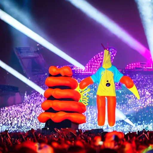 Image similar to Professional photograph of Flume wearing a hotdog costume on stage at EDC