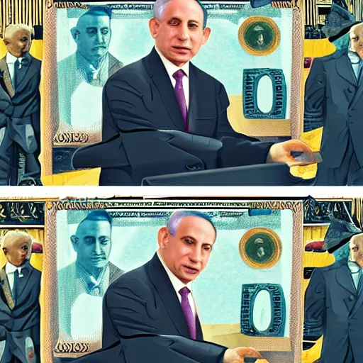 Image similar to benjamin netanyahu stealing money from the people. digital painting, high detail, 8 k, film still