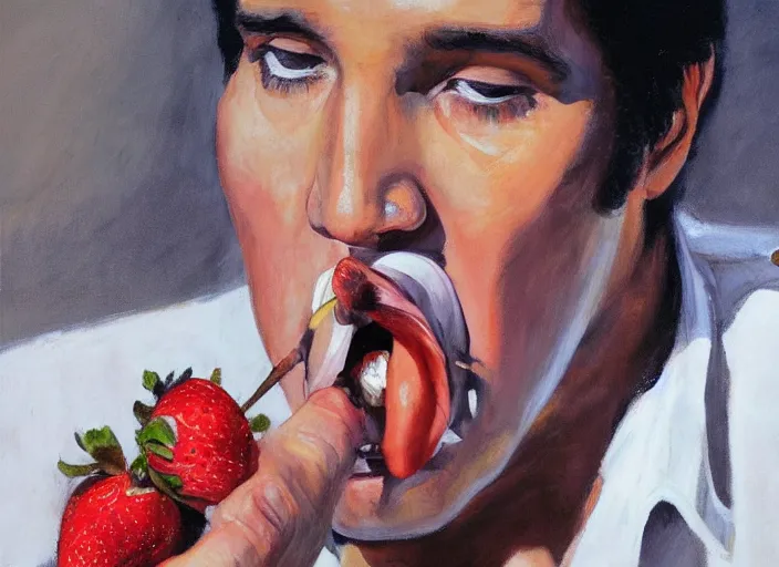 Prompt: a highly detailed beautiful portrait of elvis presley eating an strawberry, by gregory manchess, james gurney, james jean