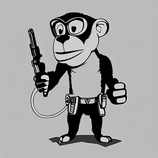 Image similar to “ logo of a monkey in the style of zootopia holding laser gun, with a black background, digital art, award winning, trending on art station, retro style ”