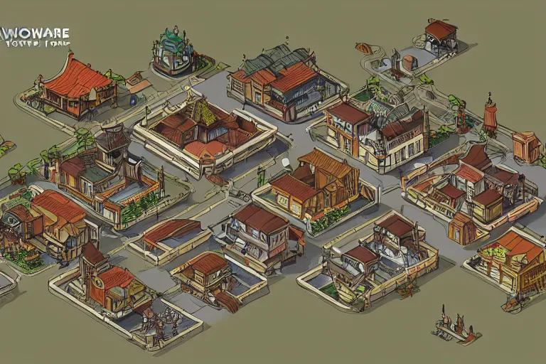 Prompt: isometric of townsquare, artwork by tooth wu