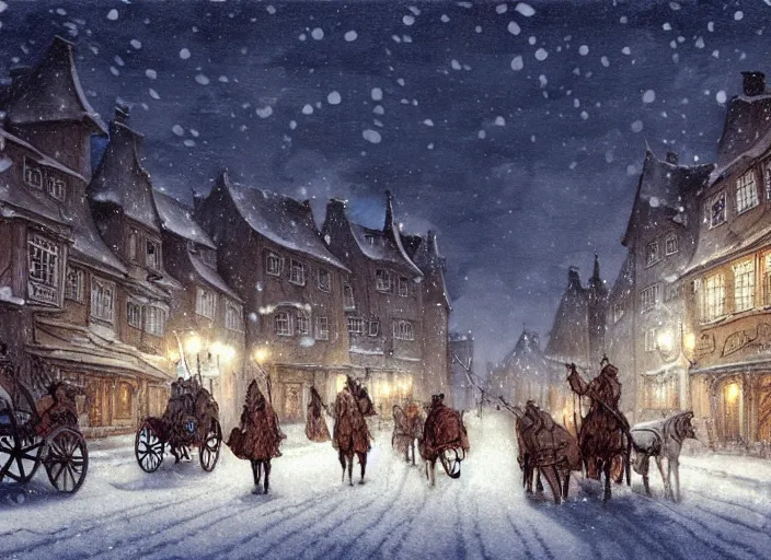 Image similar to a night scene of a snowy town with a horse drawn carriage, a detailed matte painting by anton pieck, deviantart contest winner, fantasy art, concept art, official art, matte drawing