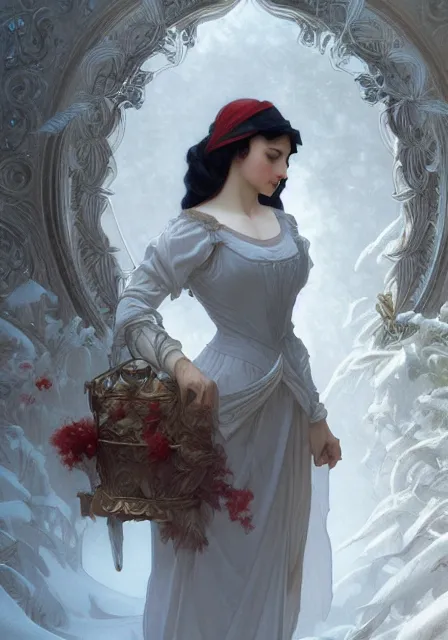 Image similar to snow white, intricate, elegant, highly detailed, digital painting, artstation, concept art, smooth, sharp focus, illustration, art by artgerm and greg rutkowski and alphonse mucha and william - adolphe bouguereau