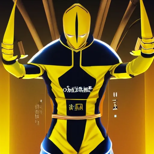 Prompt: symmetry!! yellow ranger, samurai, artstation, art by murata, art by oda echiiro, art by tatsuki fujimoto, lightning helmet, 3 d, jumpsuit, gloves, futuristic poster, man, tall