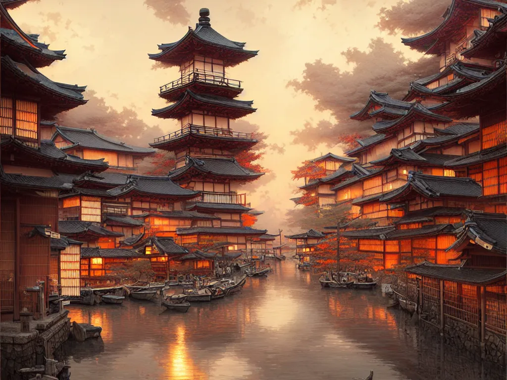 Prompt: old japanese small town viewed from harbor, d & d digital painting, intricate details, ultra realistic, beautiful, volumetric lighting, warm colors advance, cell shading, by james jean, greg rutkowski, gerald brom, wlop