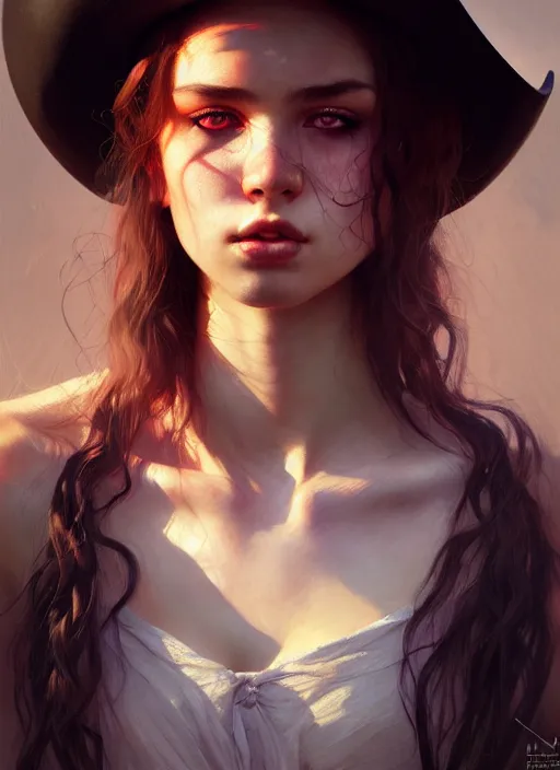 Prompt: young angry woman, beautiful girl, full body, glowing hair, cowboy hat, realistic, serov, surikov, vasnetsov, repin, kramskoi, insanely detailed, charlie bowater, tom bagshaw, high resolution, octane rendered, unreal engine, illustration, trending on artstation, masterpiece, 8 k