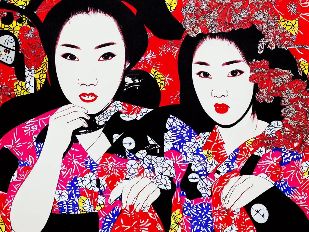 Image similar to hyperrealism composition of the detailed woman in a japanese kimono sitting at an extremely detailed poker table with darth vader, fireworks on the background, pop - art style, jacky tsai style, andy warhol style, acrylic on canvas