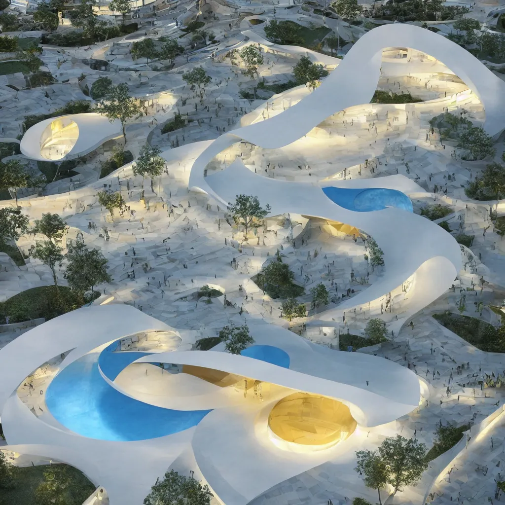 Image similar to an incredibly smooth curvilinear architectural sculpture, a golden pool on the ground is envelope by folding white surfaces, blue light, visually satisfying architecture render