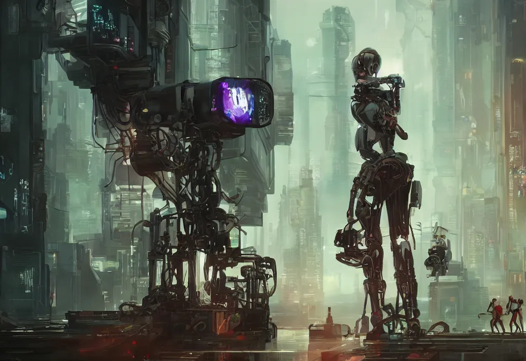 Image similar to a screenshot of a cyberpunk movie depicting a female robot carrying a movie camera, fantasy, intricate and very very beautiful, highly detailed, digital painting, artstation, concept art, smooth and sharp focus, illustration, art