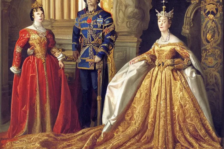 Image similar to female european king in kingly male regalia with her wife