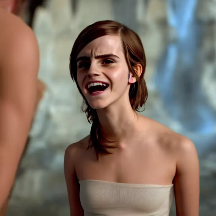 Image similar to Joyful! smiling Emma Watson wearing cyborg prosthetic, from The emperor's new groove (2000). Clear body. Light Clothes. Cinematic. Professional Photo. Low angle. 8k. Clear Face.