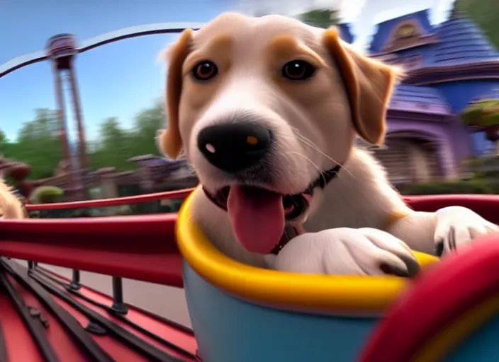 Image similar to film still of a dog riding a roller coaster in disneyland paris, 8 k