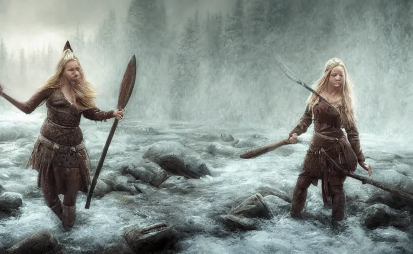 Prompt: epic portrait an female viking washing off her axe in a river, blizzardy winter, foggy, forest and river backround, flowing blonde hair, digital painting, artstation, concept art, soft light, hdri, smooth, sharp focus, illustration, fantasy, intricate, elegant, highly detailed, D&D, matte painting, in the style of Greg Rutkowski and Alphonse Mucha and artemisia, 8k, highly detailed, jurgens, rutkowski, bouguereau, pastoral, rustic, georgic, detailed concept art, illustration, colorful pastel, painting, detail, ultra detailed, digital art, 4K, unreal engine 5, 16k resolution,