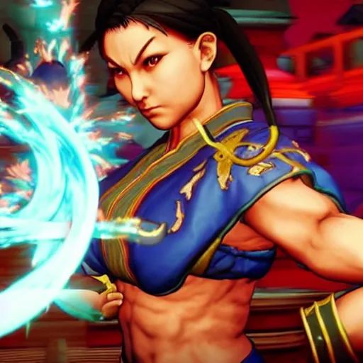 Image similar to street fighter v chun li fighting mortal kombat scorpion