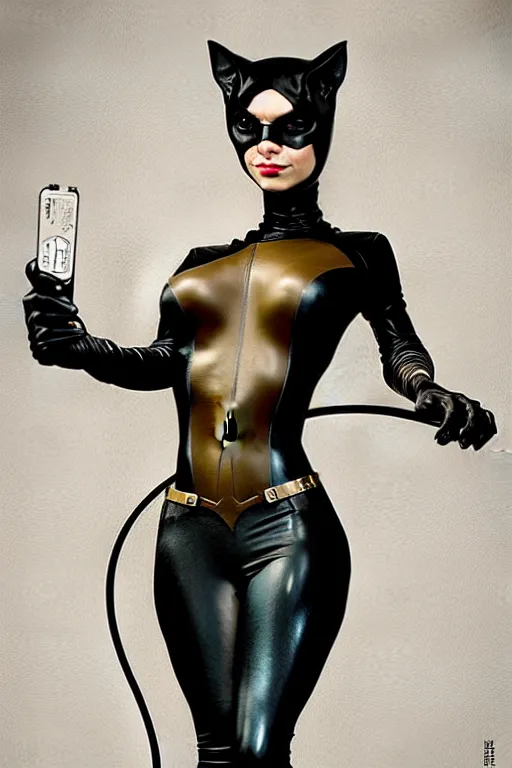 Image similar to aeon flux as catwoman picture by Greg Rutkowski, dynamic pose, flawless, matte painting, intricate, fantasy concept art, elegant, by Stanley Artgerm Lau, WLOP, golden ratio, thomas kindkade, alphonse mucha, loish, Peter chung, norman Rockwell,