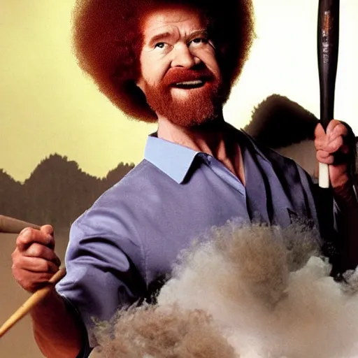 Prompt: bob ross smashing his canvas with a baseball bat, tv show, photography, destructive,