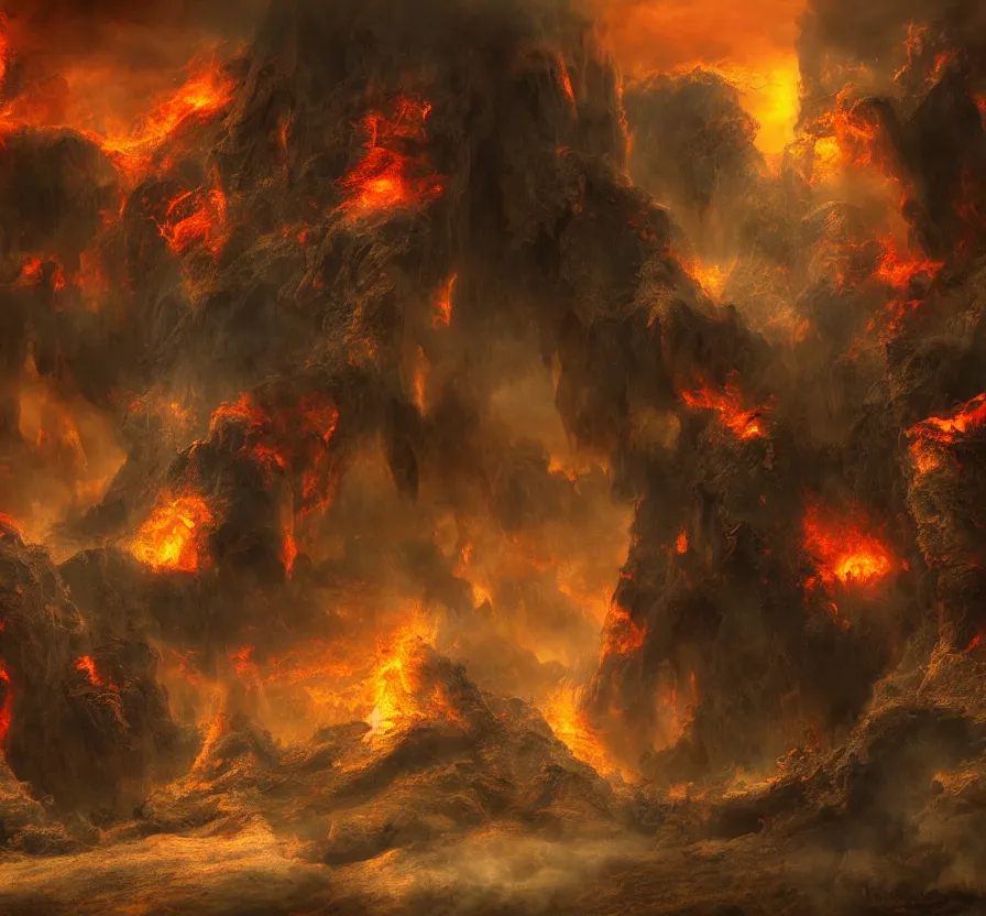 Image similar to scenary, scary, nightmare, matte painting, fiery hell, mack sztaba