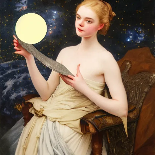 Image similar to Elle Fanning holding the moon, artstation, by J. C. Leyendecker and Peter Paul Rubens,