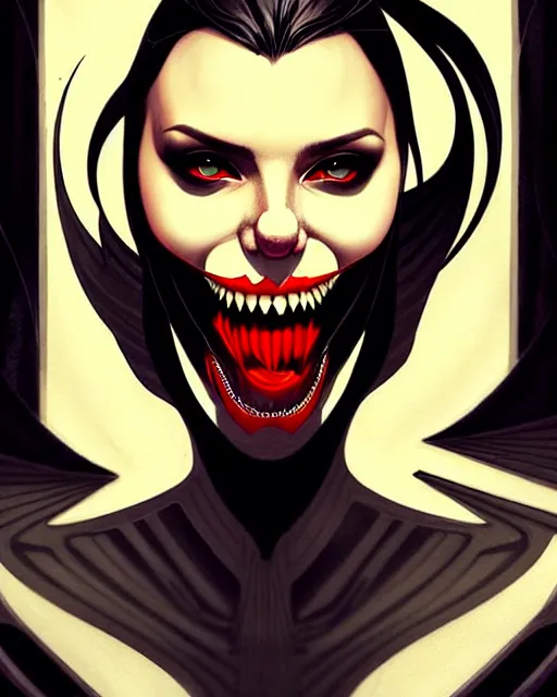 Image similar to rafael albuquerque comic art, art nouveau, peter mohrbacher, artgerm, pretty scarlett johansson vampire sharp vampire teeth open mouth, symmetrical eyes, black leather jacket, jeans, long blonde hair, full body