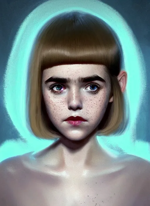 Image similar to portrait of kiernan shipka with freckles, white hair, 1 9 6 0 s bob hairstyle, hairstyle with bangs, 1 9 6 0 s bob hair with bangs and hairband, intricate, elegant, glowing lights, highly detailed, digital painting, artstation, concept art, smooth, sharp focus, illustration, art by wlop, mars ravelo and greg rutkowski