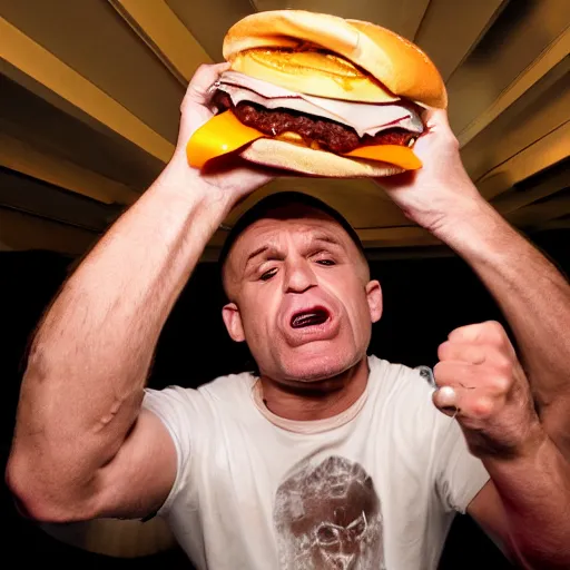 Prompt: a high resolution 4k photograph of John Joseph, the singer of the cromags, shoving a cheeseburger into his mouth