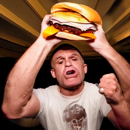 Image similar to a high resolution 4k photograph of John Joseph, the singer of the cromags, shoving a cheeseburger into his mouth