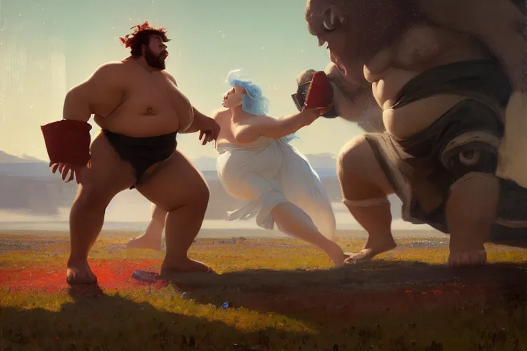 Image similar to a dynamic painting of a medieval sorcerer fighting a gigantic white fat monster, obese monstrosity fight by ilya kuvshinov and jeremy lipking and quentin mabille, realism, ultra detailed, 8 k resolution