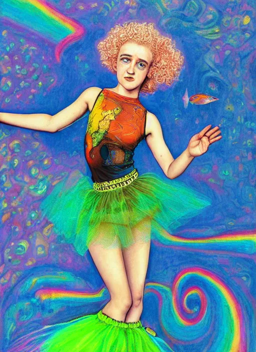 Image similar to surrealism psychedelic full body portrait sketch of julia garner as delirium of the endless in fishnet top and rainbow tutu skirt from the sandman, floating goldfish, green and blue eye heterochromia by alex ross, josh kirby, detailed, elegant, intricate