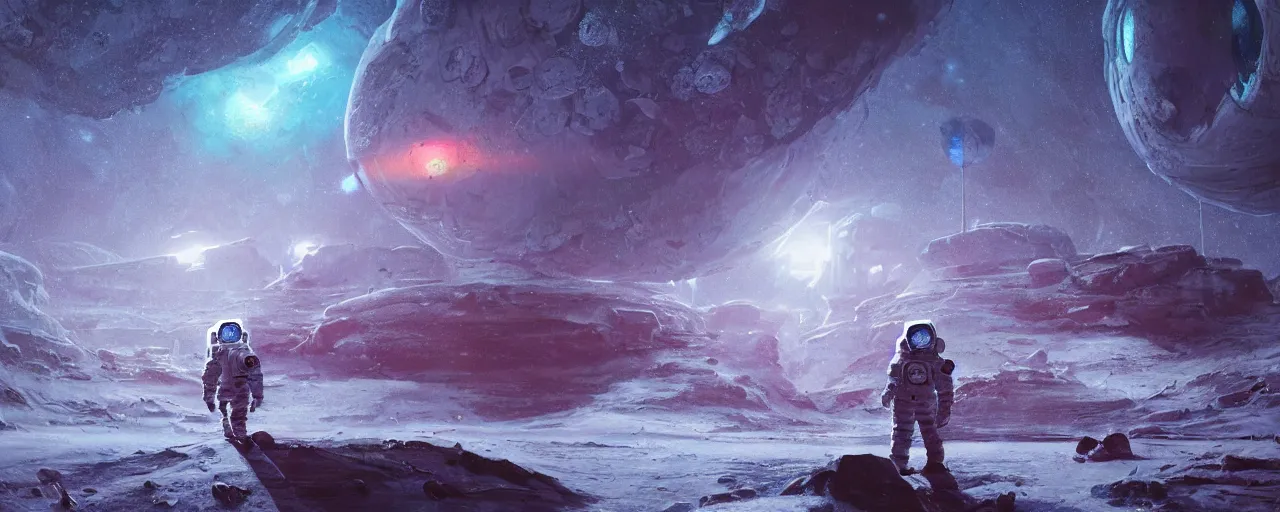 Image similar to lone astronaut exploring outer digital cybernetic planet covered with ice, art by paul lehr, cinematic, detailed, epic, widescreen, opening, establishing, matte painting, photorealistic, realistic textures, octane render