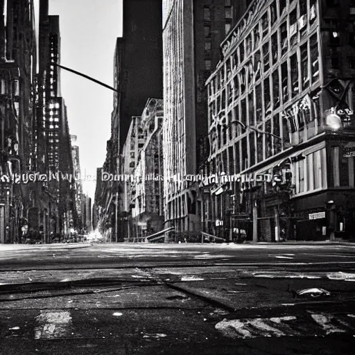 Image similar to color photograph, highly detailed abandoned New York city street at night after the war between humans and AIs, film grain, soft vignette, sigma 85mm f/1.4 1/10 sec shutter, film still promotional image, IMAX 70mm footage