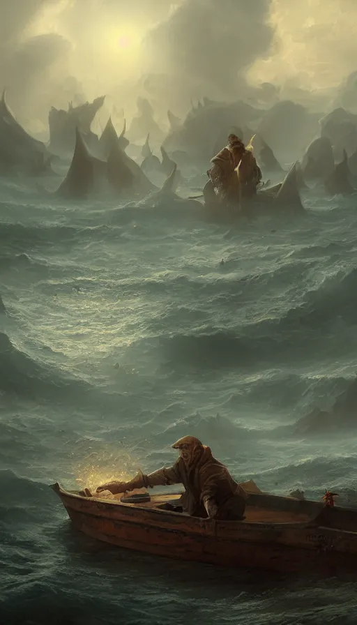 Image similar to man on boat crossing a body of water in hell with creatures in the water, sea of souls, by cgsociety