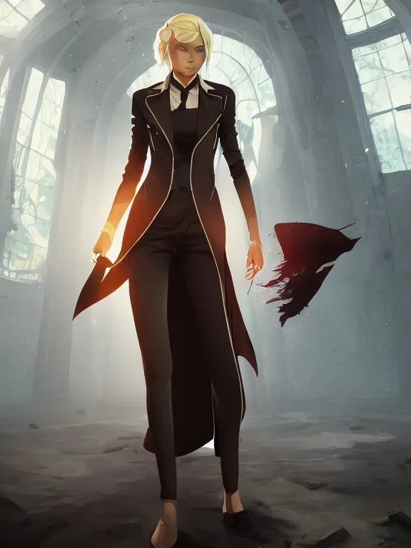 Image similar to illustration of annie leonhart inside arcane universe wearing an elegant tailcoat, au naturel, hyper detailed, digital art, trending in artstation, arcane league of legends, cinematic lighting, studio quality, smooth render, unreal engine 5 rendered, octane rendered, concept art, smooth, sharp focus, illustration