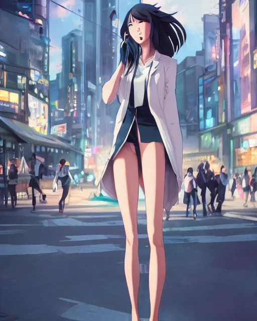Prompt: a girl on a busy modern street, very sexy outfit, very anime, medium shot, visible face, detailed face, perfectly shaded, atmospheric lighting, by makoto shinkai, stanley artgerm lau, wlop, rossdraws